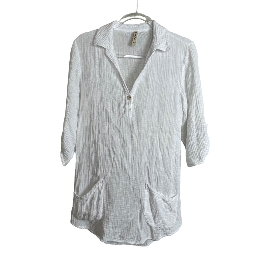 XCVI Gauze Tunic Top Women XS White Roll Tab Sleeve Pocket Coastal Boho Tunic - Picture 2 of 10